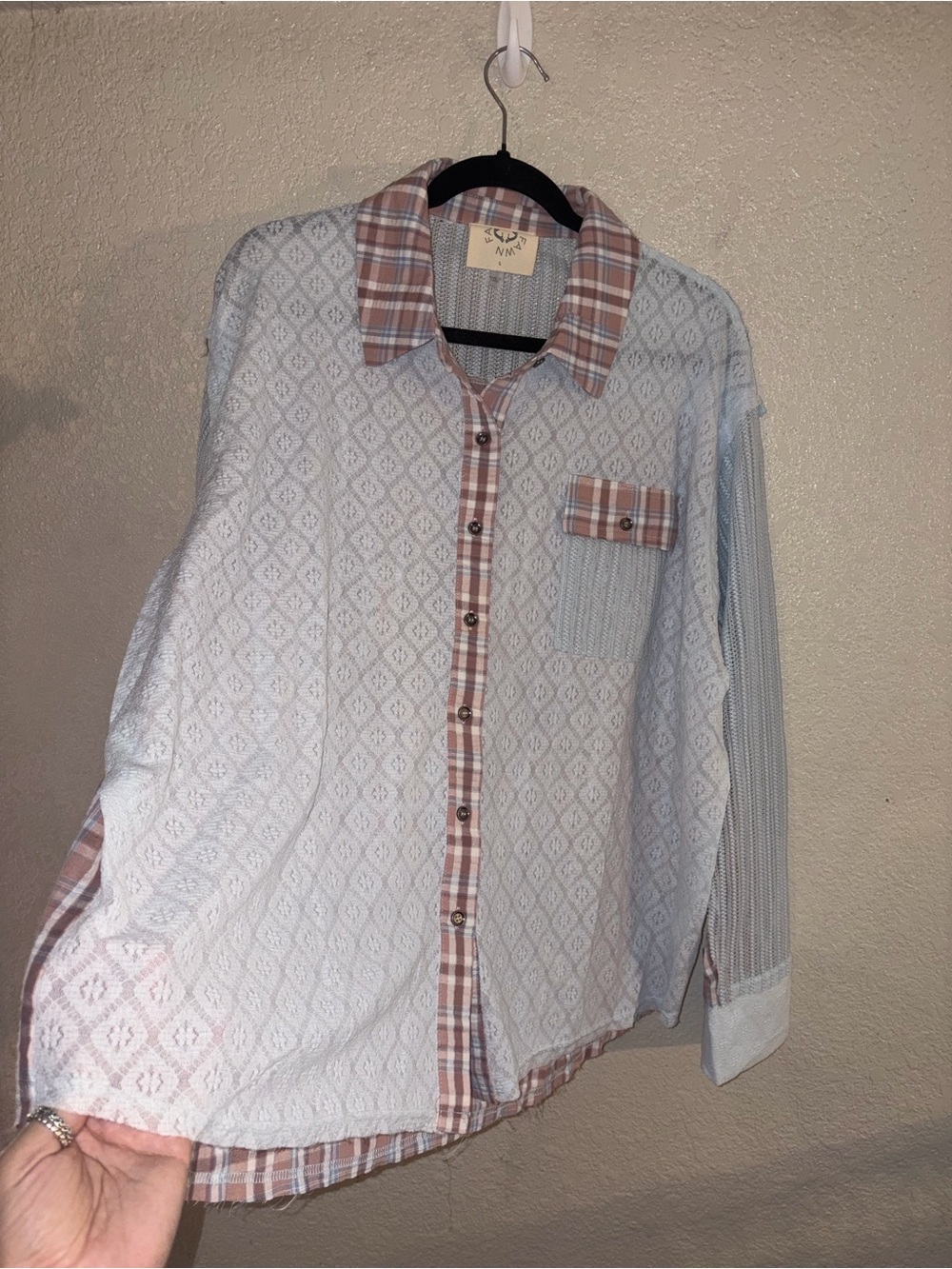 NIP Fantastic Fawn “Sky Blue🩵Blush💗Mixed Media Lace/Plaid Button-Up Shirt” LRG - Picture 14 of 16
